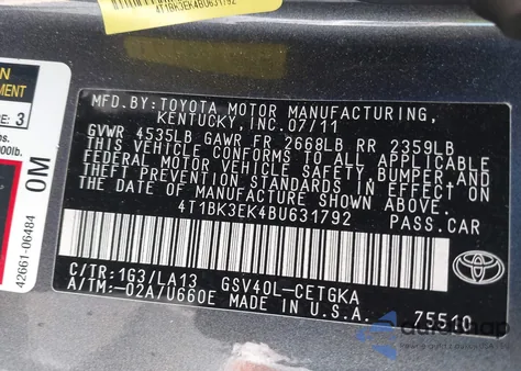 2011 Toyota Camry Xle V6 z USA, uszkodzony, nr VIN 4T1BK3EK4BU631792